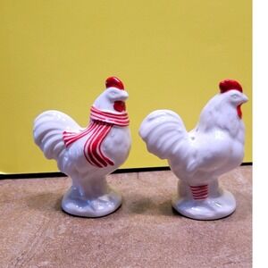 White Ceramic Rooster Salt and Pepper Shakers Red Striped Scarf Winter Holiday